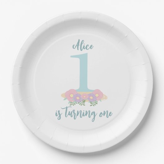フローラブルー,ピンクパステル1st誕生日パーティー ペーパープレート (正面)