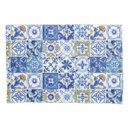 フローラブルー、ホワイト、イエローパター地中海のン 枕カバー