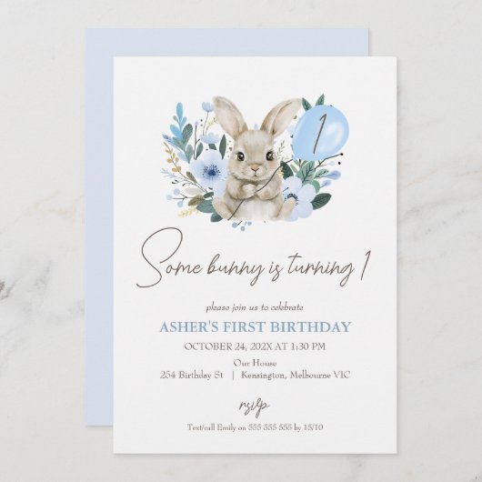 フローラブルーSome Bunnyが1歳の誕生日を迎える 招待状 (正面/裏面)