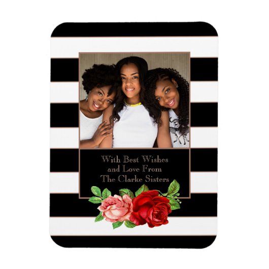 フローラブロンズブラック&ホワイトストライプ-カスタムフォト マグネット (縦)