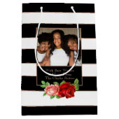 フローラブロンズブラック&ホワイトストライプ-カスタム写真 ミディアムペーパーバッグ (正面)