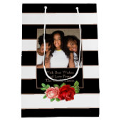 フローラブロンズブラック&ホワイトストライプ-カスタム写真 ミディアムペーパーバッグ (裏面)