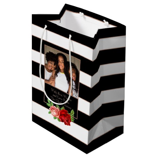 フローラブロンズブラック&ホワイトストライプ-カスタム写真 ミディアムペーパーバッグ (裏面アングル)