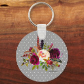 フローラブーケとドットと名前Keychain キーホルダー (正面)