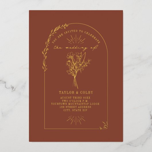 フローラブーケアーチテラコッタ結婚ズ 箔招待状 (正面)