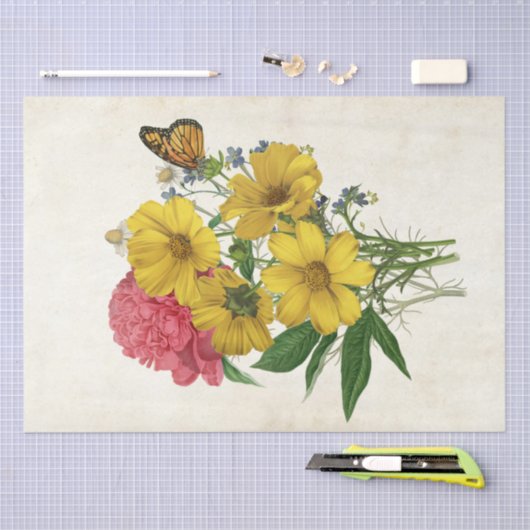 フローラブーケイエローコスモス牡丹バタフライクラフト 薄葉紙 (クラフト)