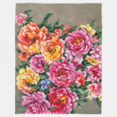 フローラブーケウォーターカラーピーニーオンタン フリースブランケット (正面)