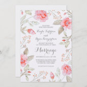 フローラブーケエレガント – ピンクの水結婚色 招待状 (正面/裏面)