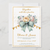 フローラブーケグリーンボウ金ゴールド結婚式招待状 招待状 (正面)
