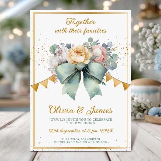 フローラブーケグリーンボウ金ゴールド結婚式招待状 招待状