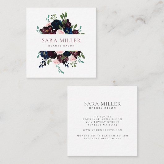 フローラブーケグリーンリーピンクブルーブルーガンディ スクエア名刺 (正面/裏面)