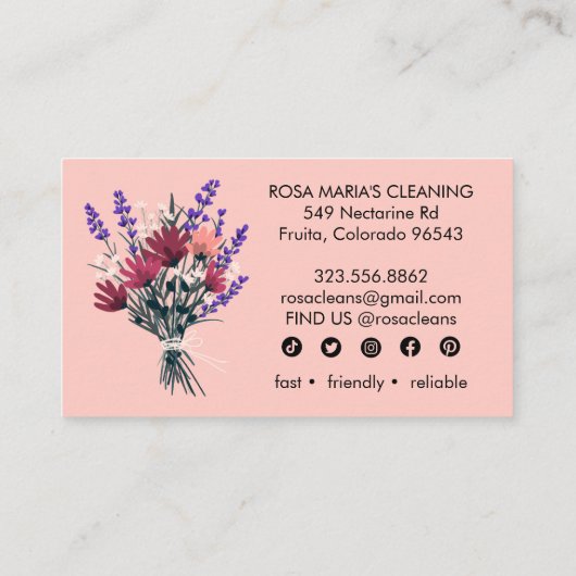 フローラブーケハウスクリーニングサービスソーシャルアイコン 名刺 (裏面)
