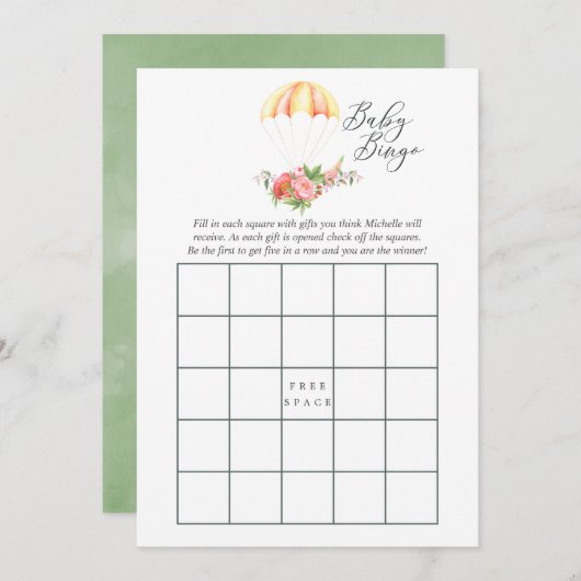 フローラブーケパラシュートベイビーシャワービンゴ 招待状 (正面/裏面)