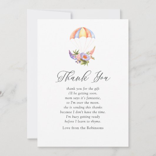 フローラブーケパラシュート赤ちゃんシャワーありがとう サンキューカード (正面)