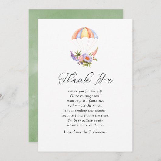 フローラブーケパラシュート赤ちゃんシャワーありがとう サンキューカード (正面/裏面)