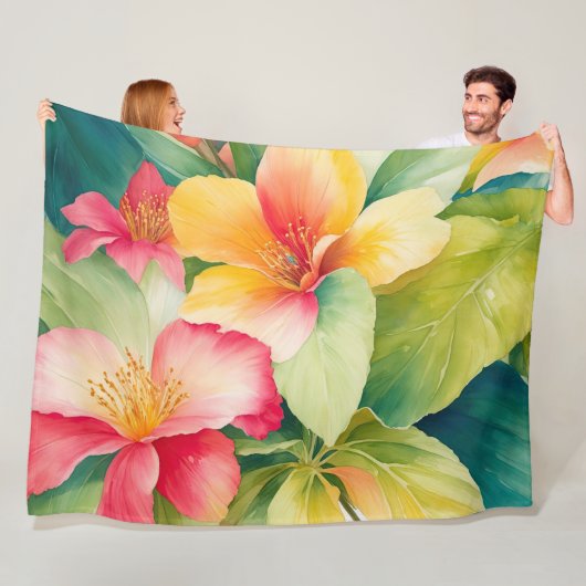 フローラブーケ水彩熱帯花 フリースブランケット (インサイチュ)