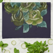 フローラブーケ、ダークブルーの緑のバラ キッチンタオル (折り畳み)