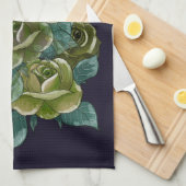 フローラブーケ、ダークブルーの緑のバラ キッチンタオル (四つ折り)