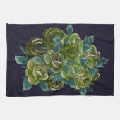 フローラブーケ、ダークブルーの緑のバラ キッチンタオル (横)