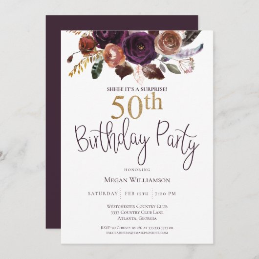 フローラプラム金ゴールドサプライズ50thバースデーパーティー 招待状 (正面/裏面)