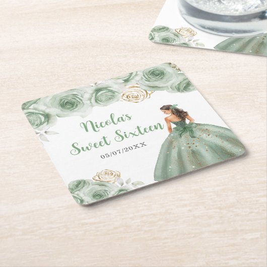 フローラプリンセスのセージグリーンドレスSweet sixteen スクエアペーパーコースター (アングル)