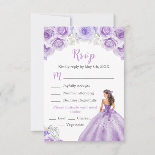 フローラプリンセスのパープルドレスの食事の選択 出欠カード (正面)