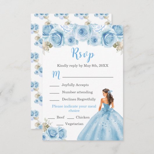 フローラプリンセスのライトブルードレスの食事の選択 出欠カード (正面/裏面)