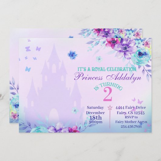 フローラプリンセスキャッスル水彩2歳の誕生日 招待状 (正面/裏面)