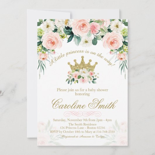 フローラプリンセス金ゴールドクラウンベビーシャワー招待状 招待状 (正面)