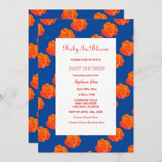 フローラベビーイン開花オレンジネイビーブルーベビーシャワー 招待状 (正面/裏面)