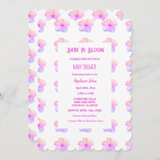 フローラベビーイン開花ピンクペチュニア赤ちゃんシャワーガール 招待状 (正面/裏面)