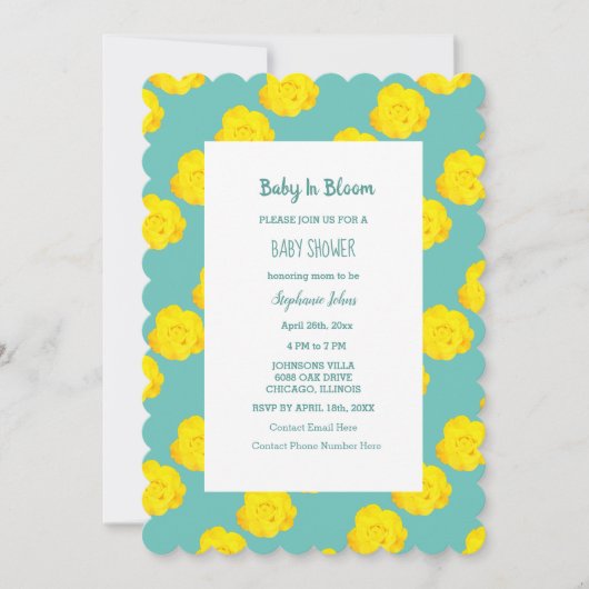 フローラベビーイン開花ベビーシャワーティール（緑がかった色）イエローローズ 招待状 (正面)