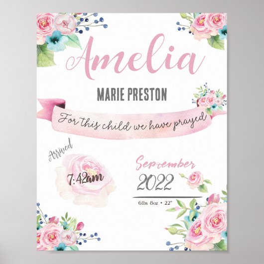 フローラベビーガールウォーター色誕生統計ピンク ポスター (正面)