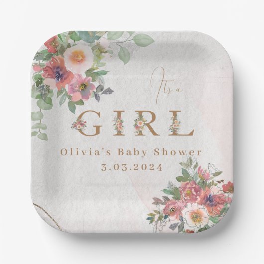 フローラベビーガールシャワー紙プレート ペーパープレート (正面)