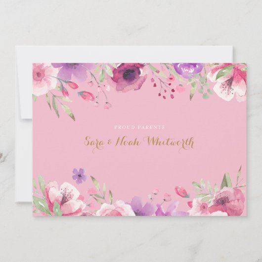 フローラベビーガール写真スクリプトサンキューピンク誕生 案内状 (裏面)