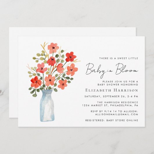 フローラベビーシャワーにおける開花水彩ベビー 招待状 (正面/裏面)