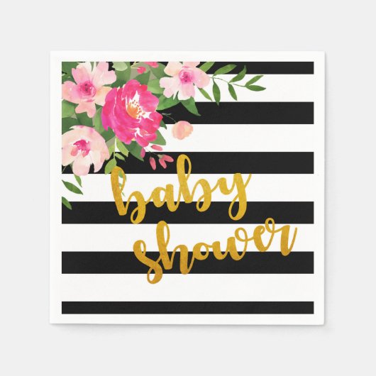 フローラベビーシャワーナプキン – 黒/白ストライプ色 スタンダードカクテルナプキン (正面)