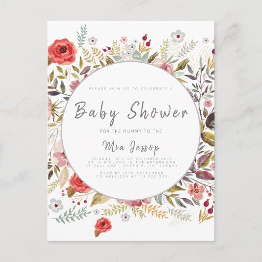 フローラベビーシャワーベビーガール招待状 案内ポストカード (正面)