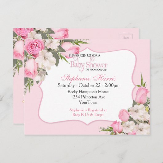 フローラベビーシャワー招待状はがきピンクローズ インビテーションポストカード (正面/裏面)