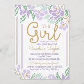 フローラベビーシャワー招待状紫と金ゴールド 招待状 (正面/裏面)