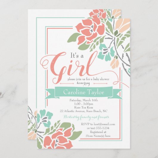 フローラベビーシャワー招待状 – コーラルとティール（緑がかった色） 招待状 (正面/裏面)