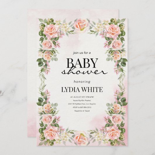 フローラベビーシャワー赤面ピンクの女の子ベビーシャワー 招待状 (正面/裏面)
