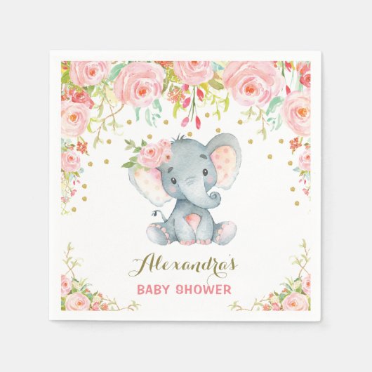フローラベビーゾウ誕生日ピンクペーパーナプキン スタンダードカクテルナプキン (正面)