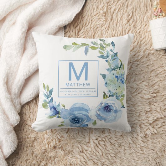 フローラベビーブルー誕生統計生まれたばかりのベビー クッション (ブランケット)