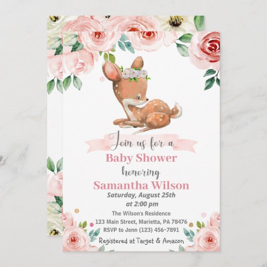 フローラベビー鹿ベビーシャワー招待状 招待状 (正面/裏面)