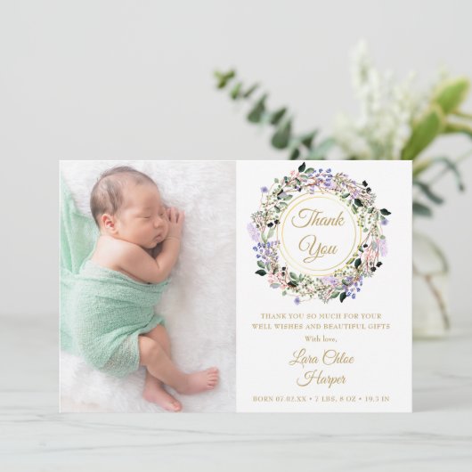 フローラベビー2写真金ゴールドありがとう誕生 案内状 (スタンド正面)