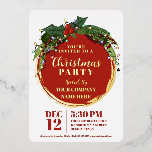 フローラベリーリースクリスマスライト企業の金ゴールド 箔招待状 (正面)