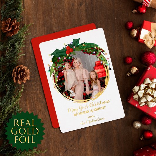 フローラベリーリースクリスマスライト写真金ゴールド 箔シーズンカード