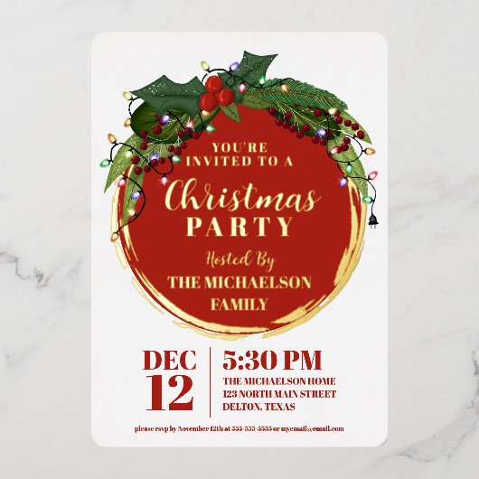 フローラベリーリースクリスマスライト金ゴールド 箔招待状 (正面)