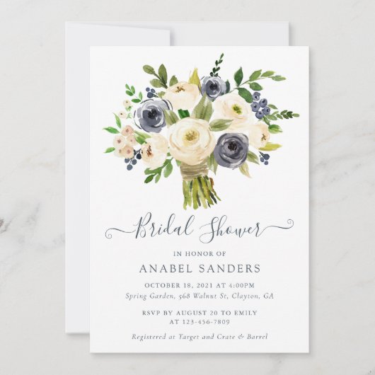 フローラベージュネイビーウォーター色牡丹ブライダルシャワー 招待状 (正面)
